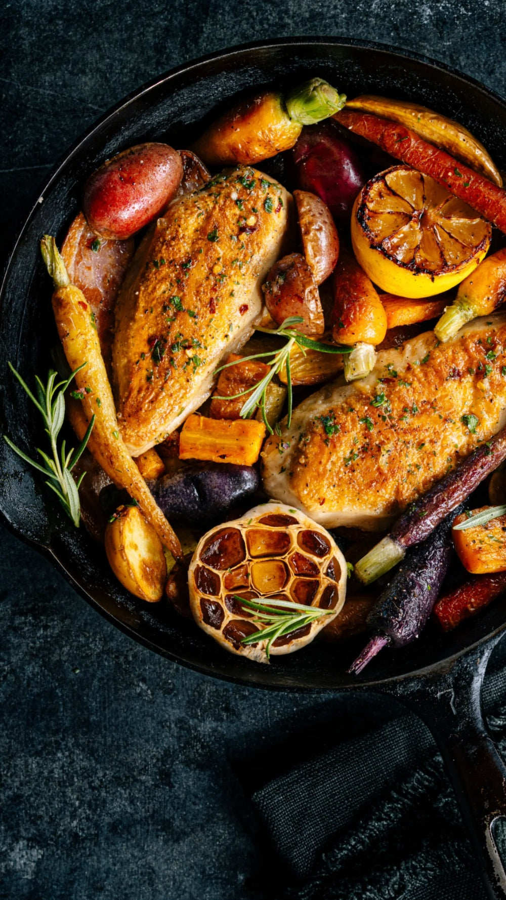 SWAP plant based chicken with roasted vegetables in cast iron skillet