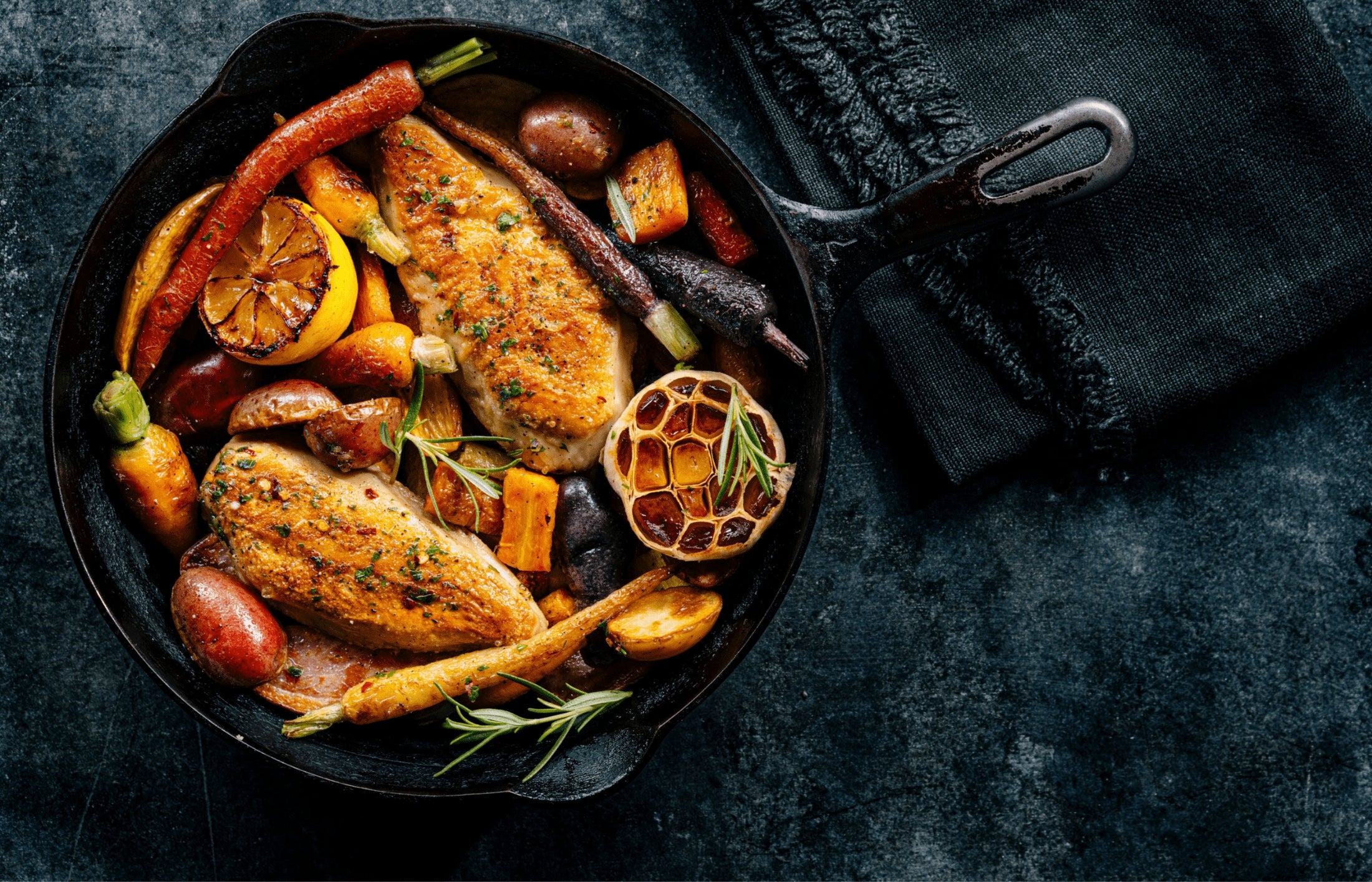 SWAP plant based chicken with roasted vegetables in cast iron skillet